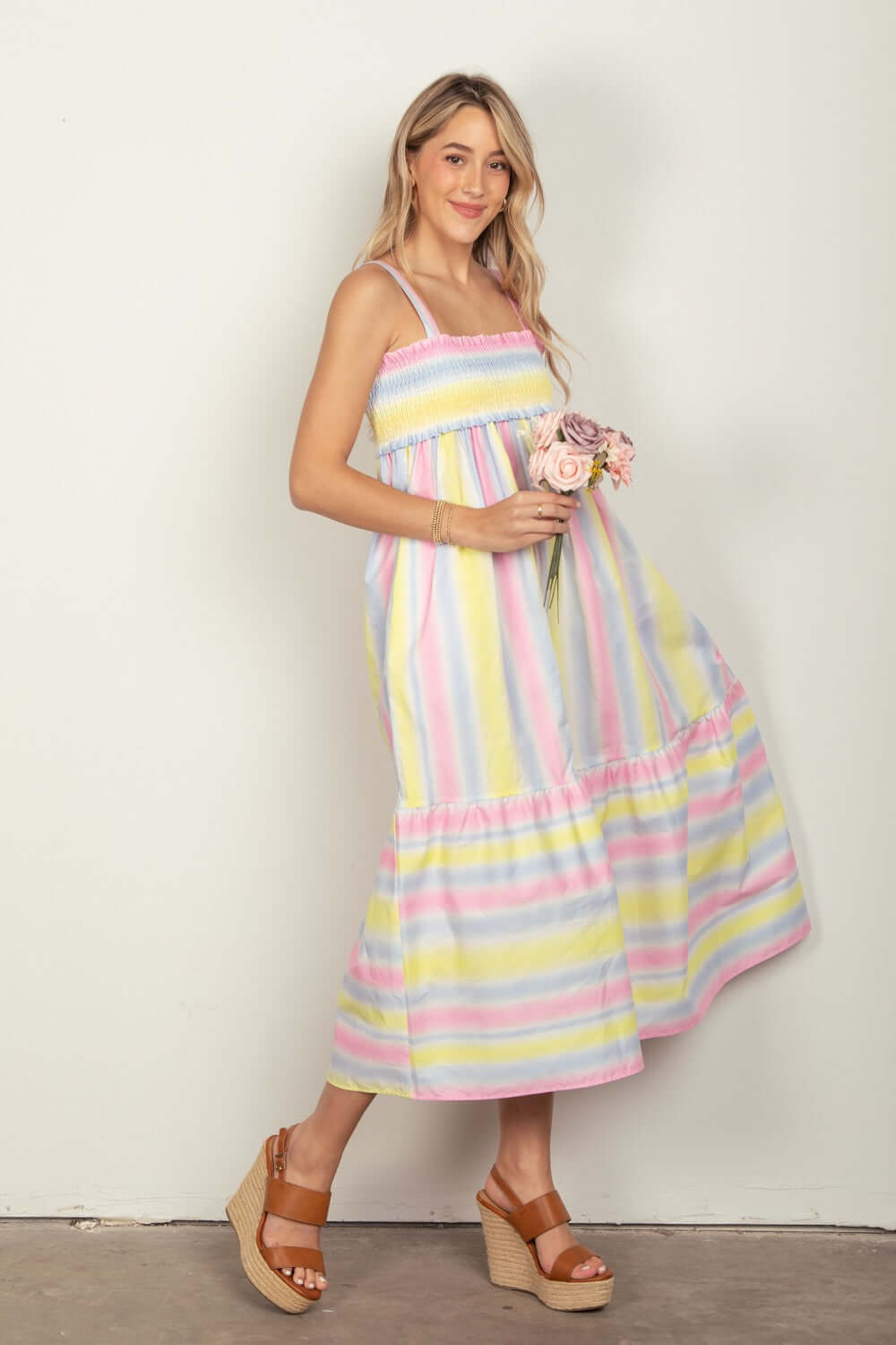 VERY J Striped Woven Smocked Midi Cami Dress at Bella Road