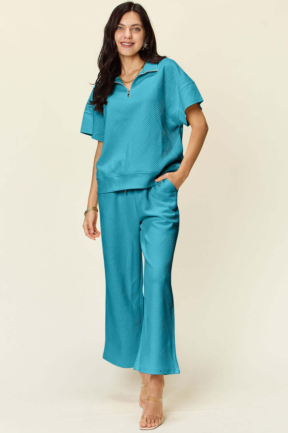 DOUBLE TAKE Full Size Texture Half Zip Short Sleeve Top and Pants Set at Bella Road