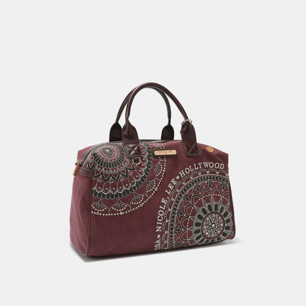 Nicole Lee USA Rhinestone Decor Boston Bag in burgundy with intricate faux exotic details and vegan leather material. Medium-sized stylish handbag.