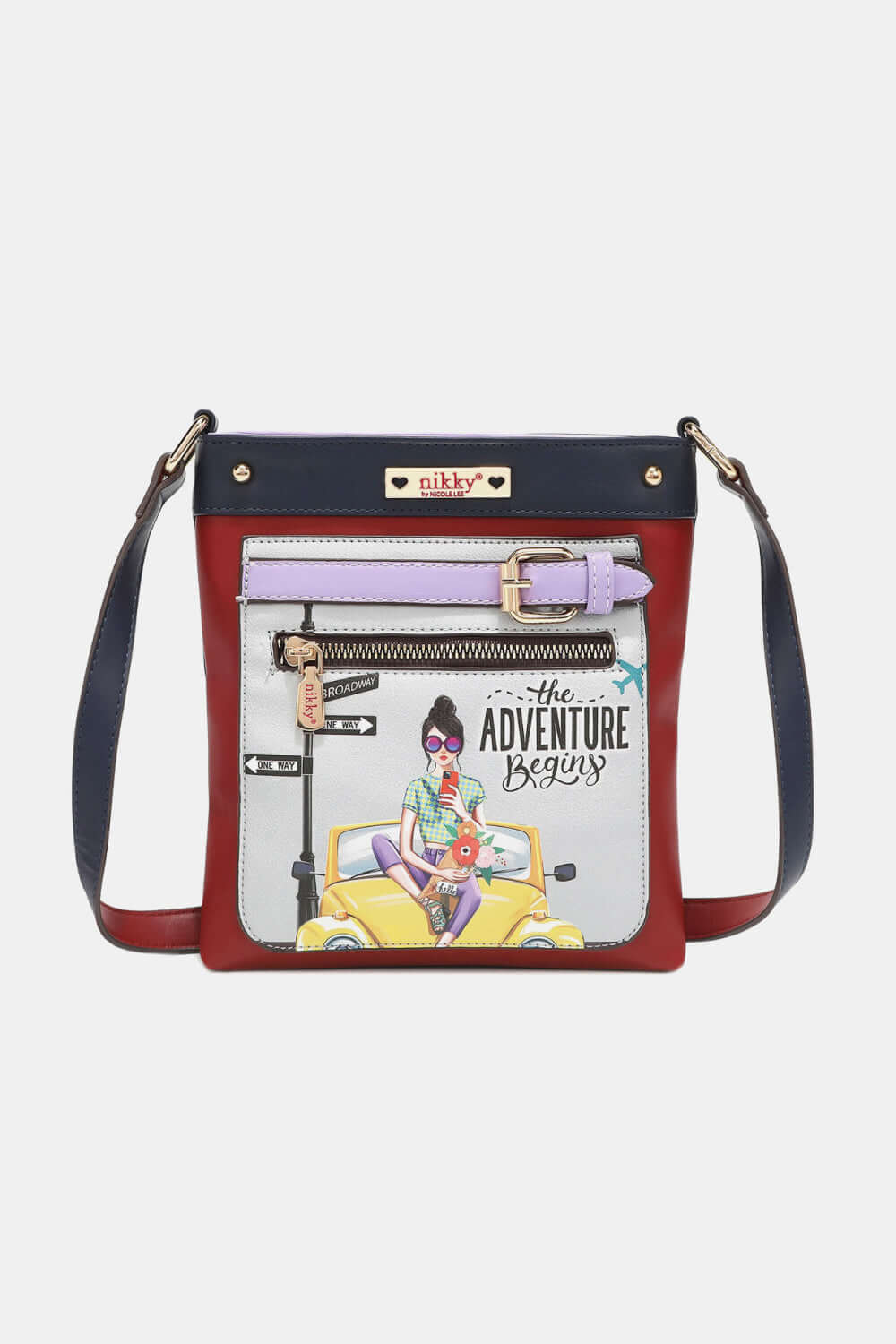 Nicole Lee USA Nikky Crossbody Bag in eco-leather with front zipper pocket and stylish "The Adventure Begins" illustration.