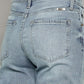 Close-up of High Waist Raw Hem Cropped Wide Leg Jeans showing back pocket detail and raw hem finish.