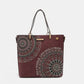 Nicole Lee USA metallic stitching embroidery inlaid rhinestone tote bag with dual straps and circle charm.