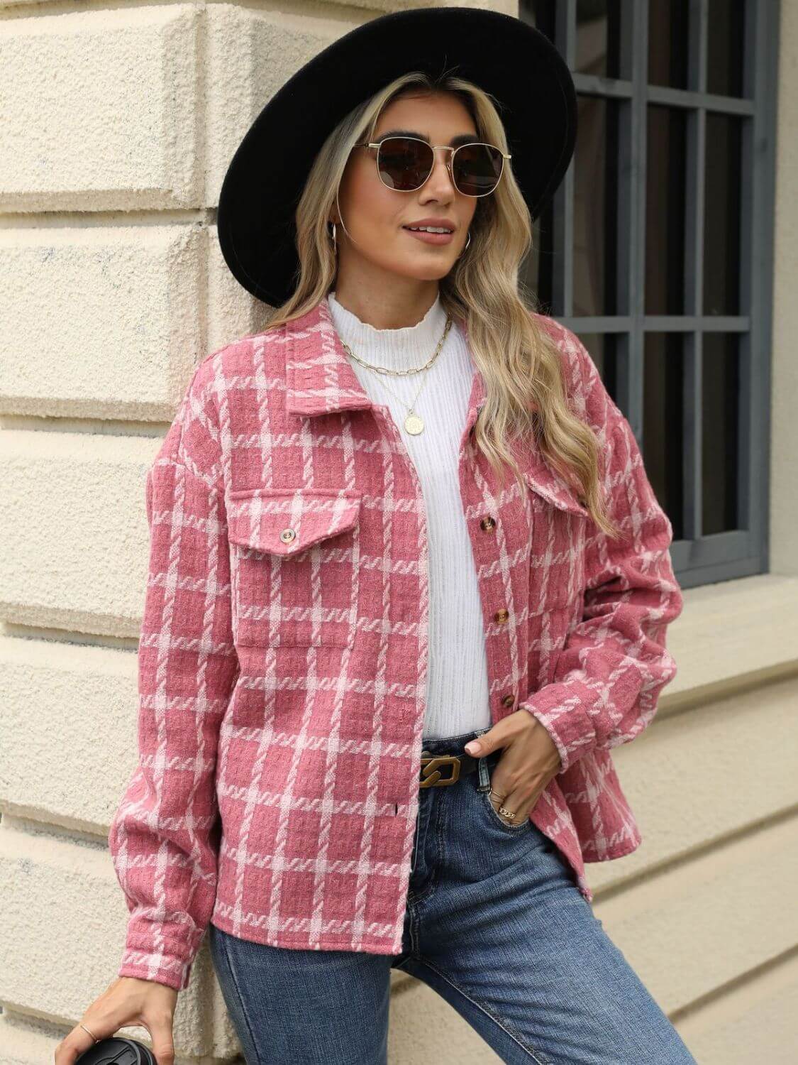 Woman wearing Bella Road Plaid Collared Neck Long Sleeve Jacket standing outside a building.