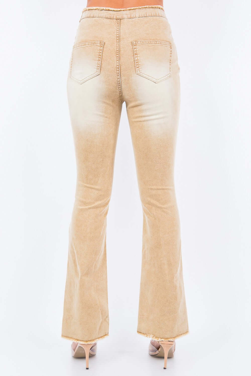 Back view of American Bazi V-Cut Ruched Flare Pants in beige with flare leg and pocket details.