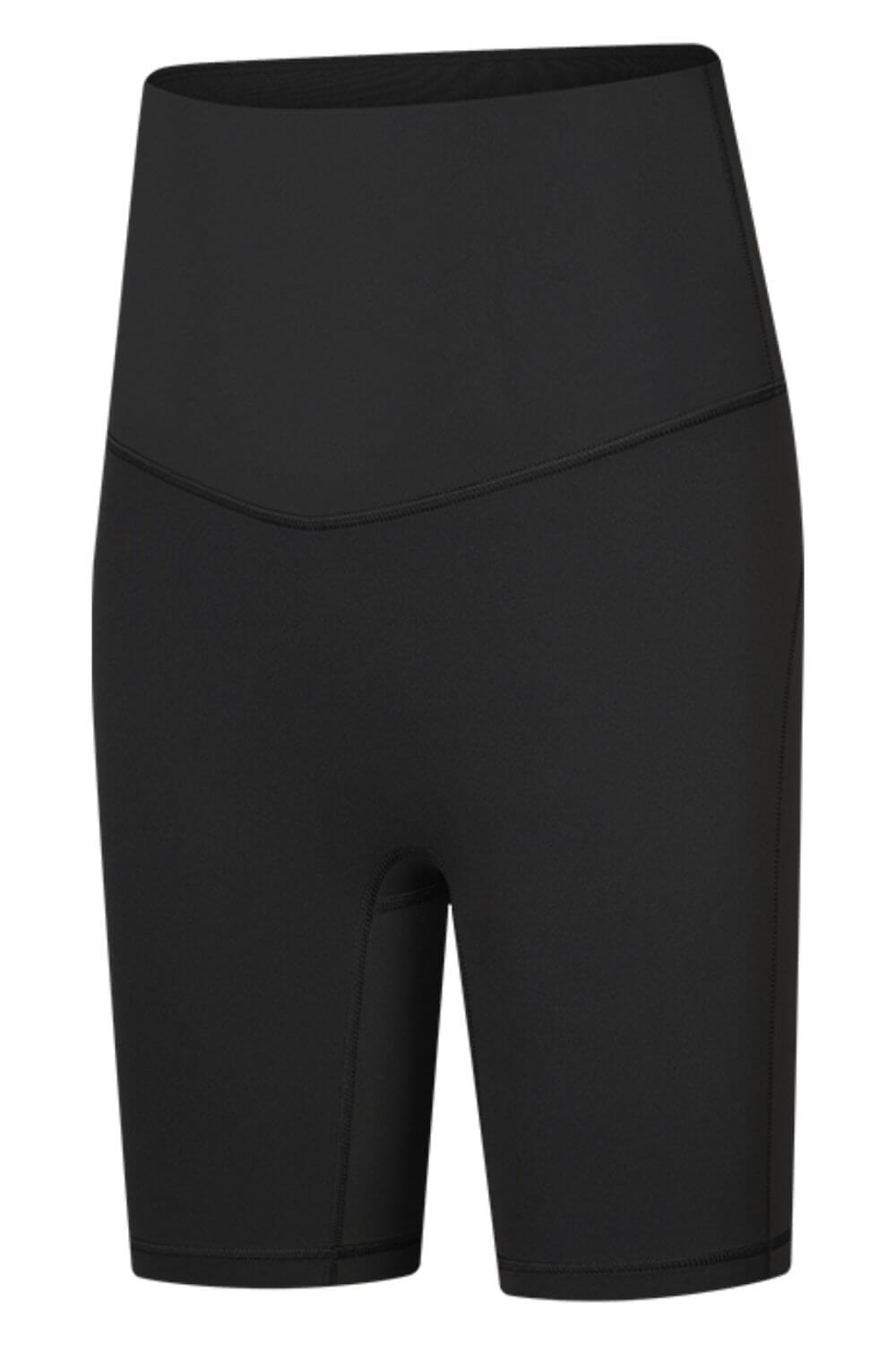 Millennia Seamless High-Rise Wide Waistband Biker Shorts in black, designed for comfort and style during workouts or lounging.