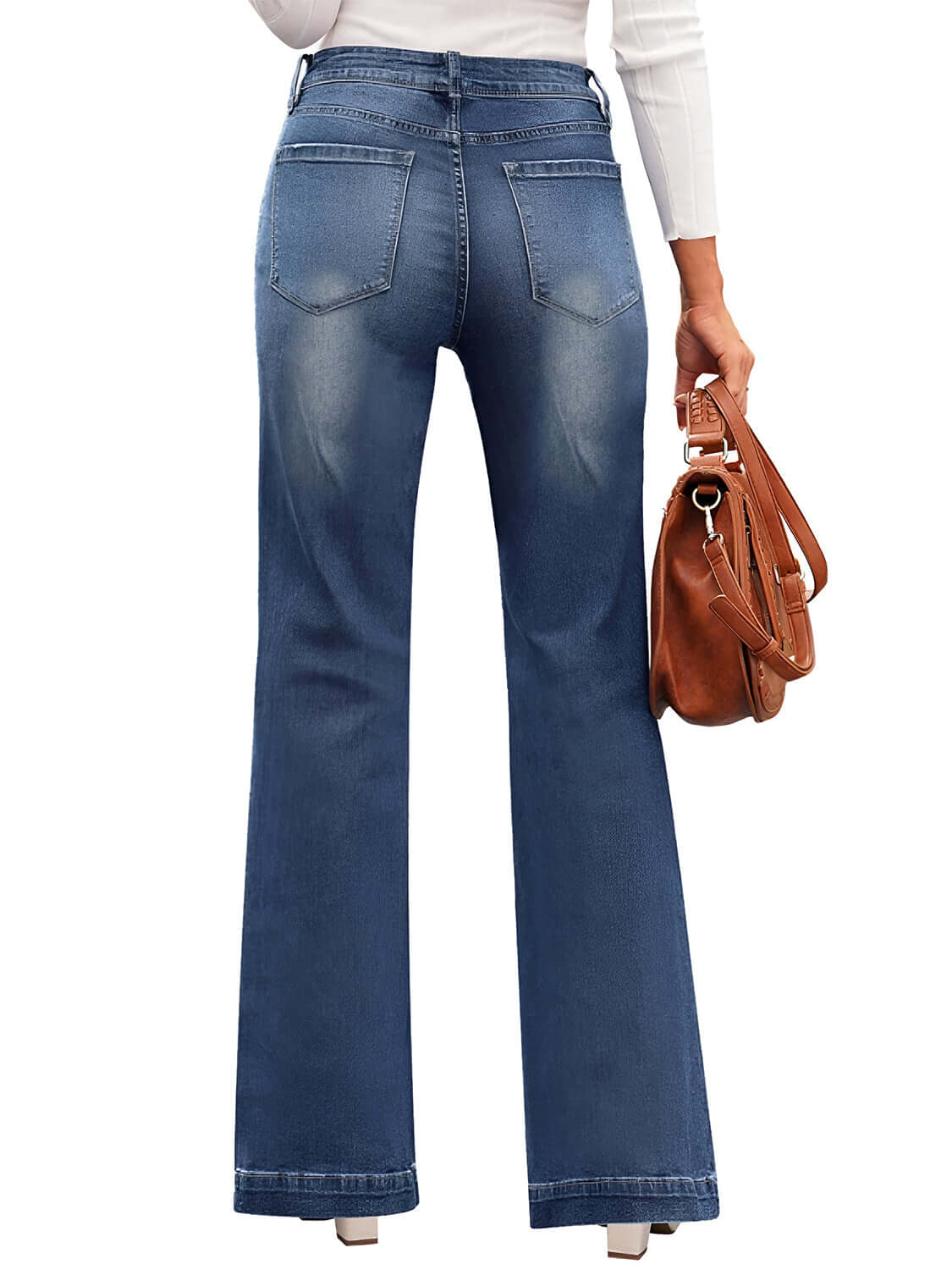 High Waist Bootcut Jeans with Pockets, buttoned, moderate stretch, cotton blend. Perfect fit, stylish and comfy. Machine washable.