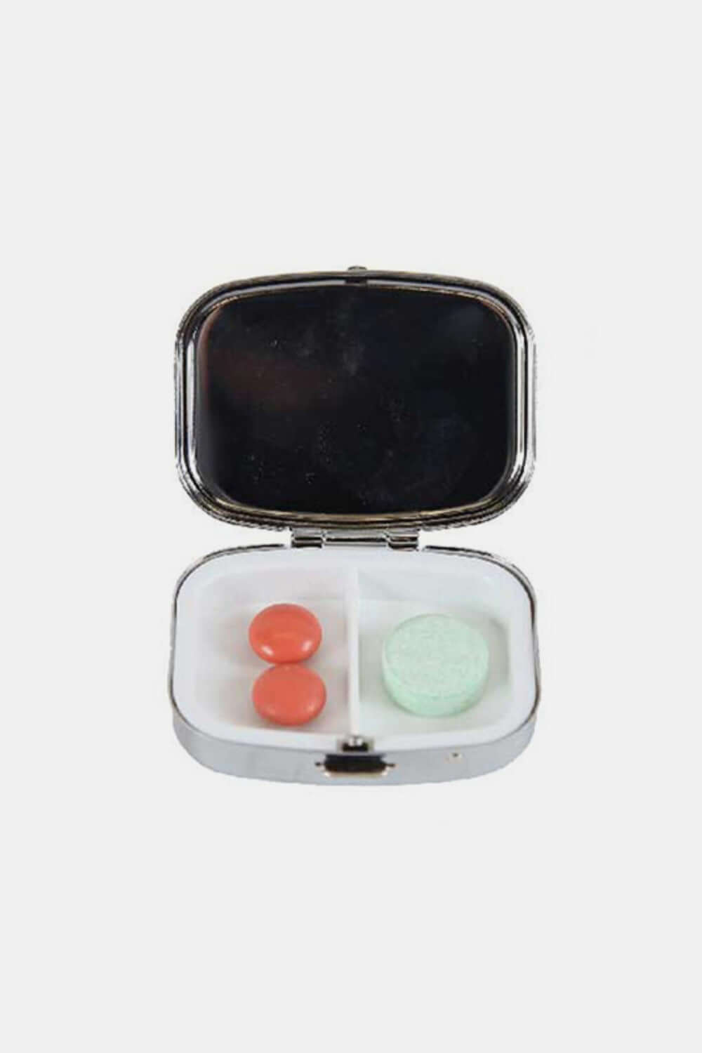 Nicole Lee USA Print Metallic Rectangular Pill Case with interior mirror and two compartments filled with pills