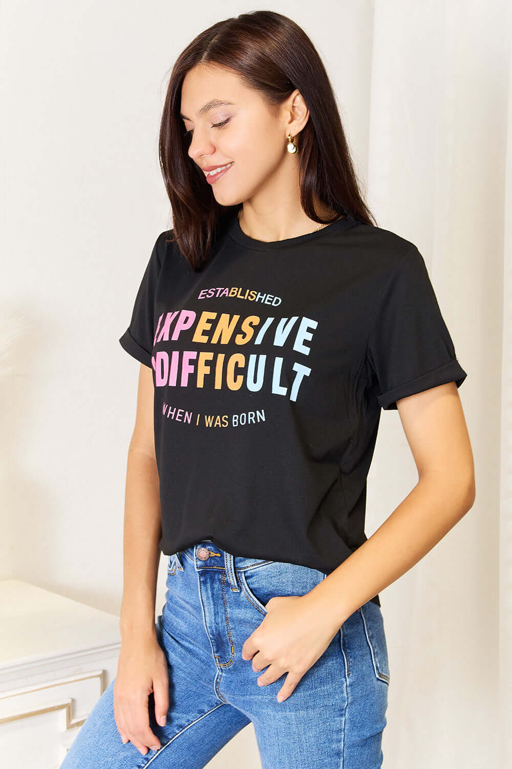 SIMPLY LOVE Slogan Graphic Cuffed Sleeve T-Shirt at Bella Road