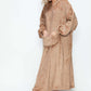 Cozy hooded midi lounge dress in warm beige, featuring pockets and a relaxed fit for stylish comfort at home.