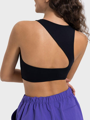 Back view of the Millennia Cutout Round Neck Active Tank in black, showcasing its stylish cutout design and sleek fit.