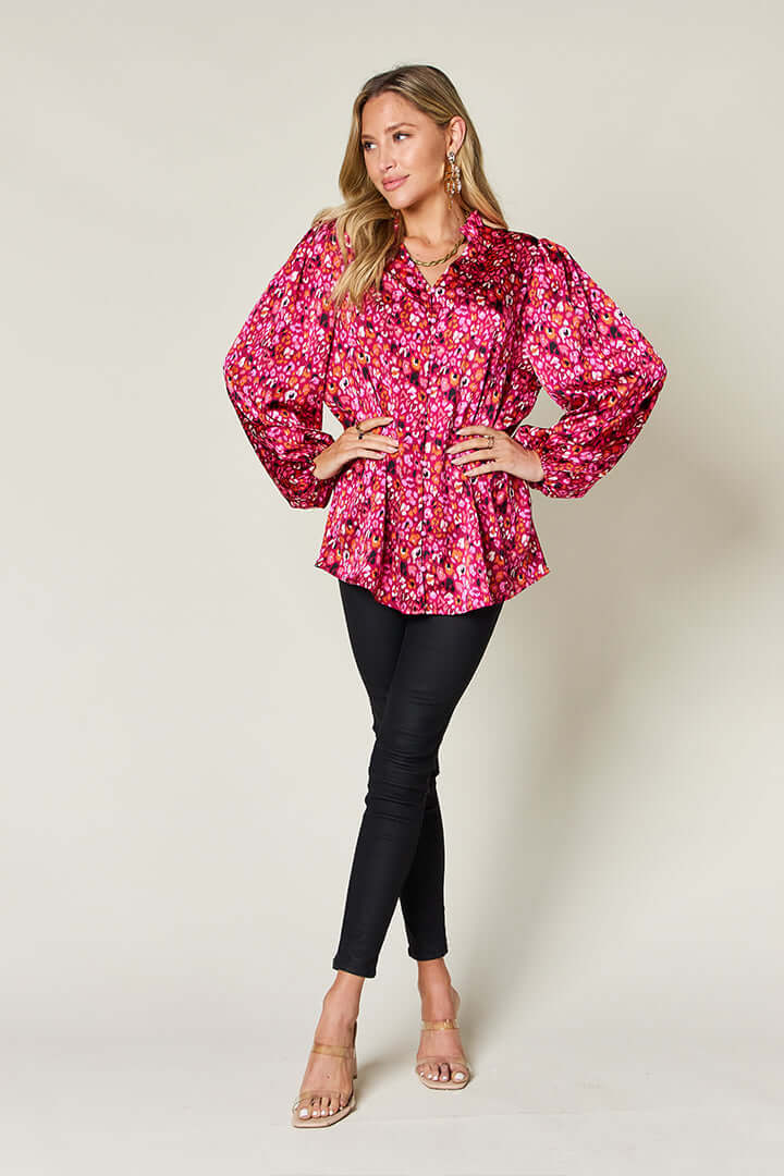 DOUBLE TAKE Full Size Printed Long Sleeve Blouse at Bella Road