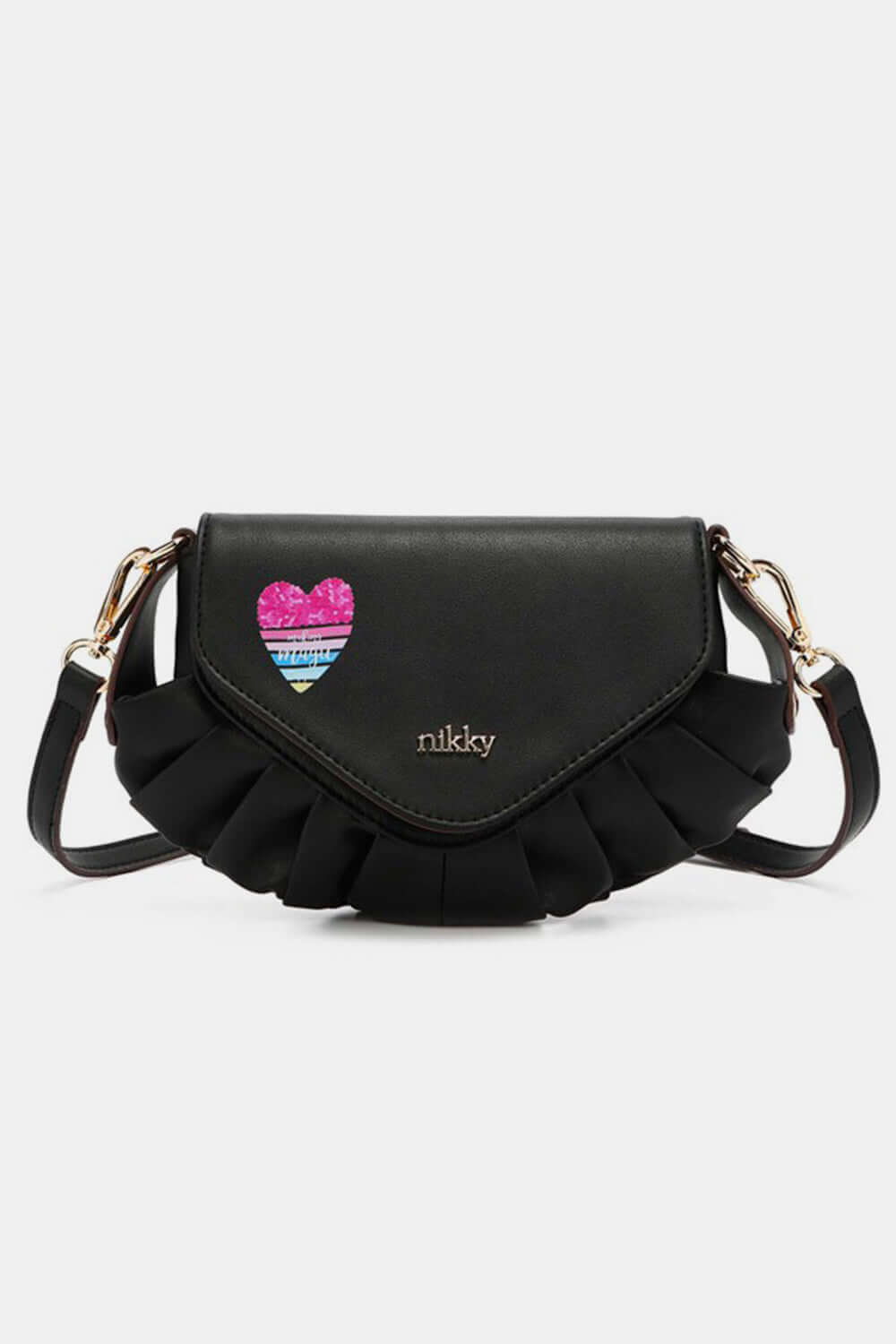 Nicole Lee USA Graphic Crossbody Bag with colorful heart design and adjustable strap