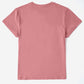 Pink graphic round neck short sleeve T-shirt made from 100% polyester, featuring a basic style and slightly stretchy fabric, back view.