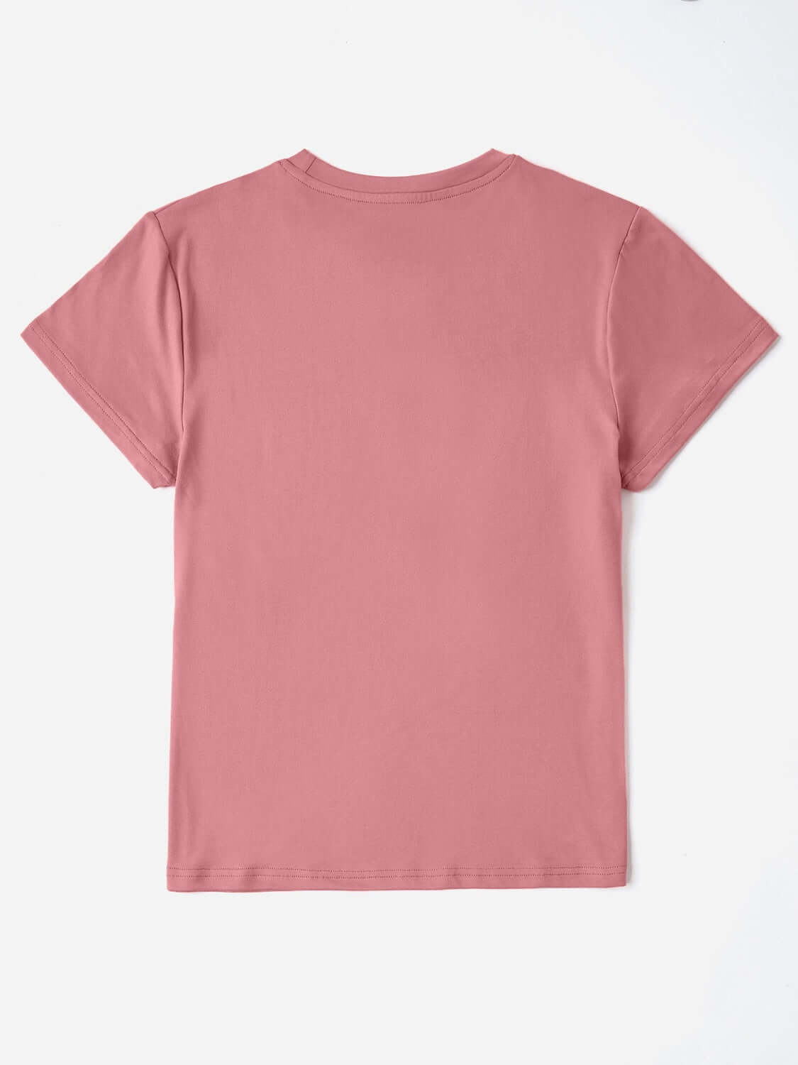 Pink graphic round neck short sleeve T-shirt made from 100% polyester, featuring a basic style and slightly stretchy fabric, back view.