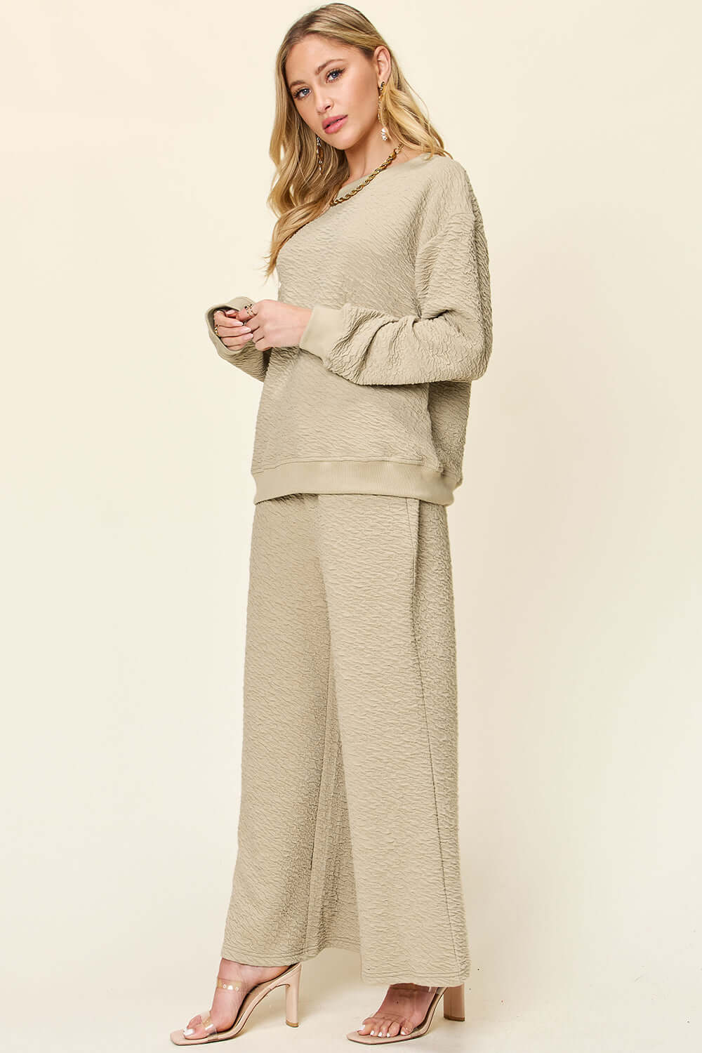 DOUBLE TAKE Full Size Texture Long Sleeve Top and Pants Set at Bella Road