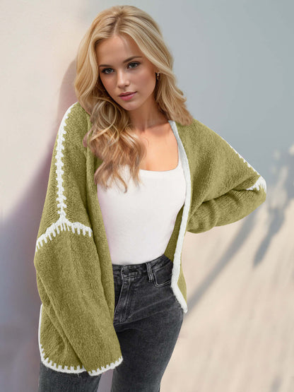 Trendy open front dropped shoulder cardigan in green with white contrast, perfect for stylish comfort and relaxed chic look.