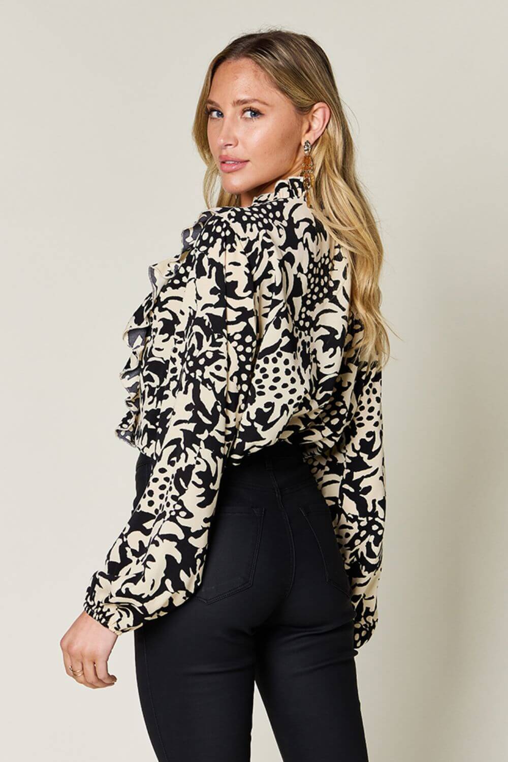 DOUBLE TAKE Full Size Printed Ruffle Trim Balloon Sleeve Shirt at Bella Road