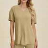 Ribbed V-Neck Short Sleeve Top and Shorts Set - Chartreuse