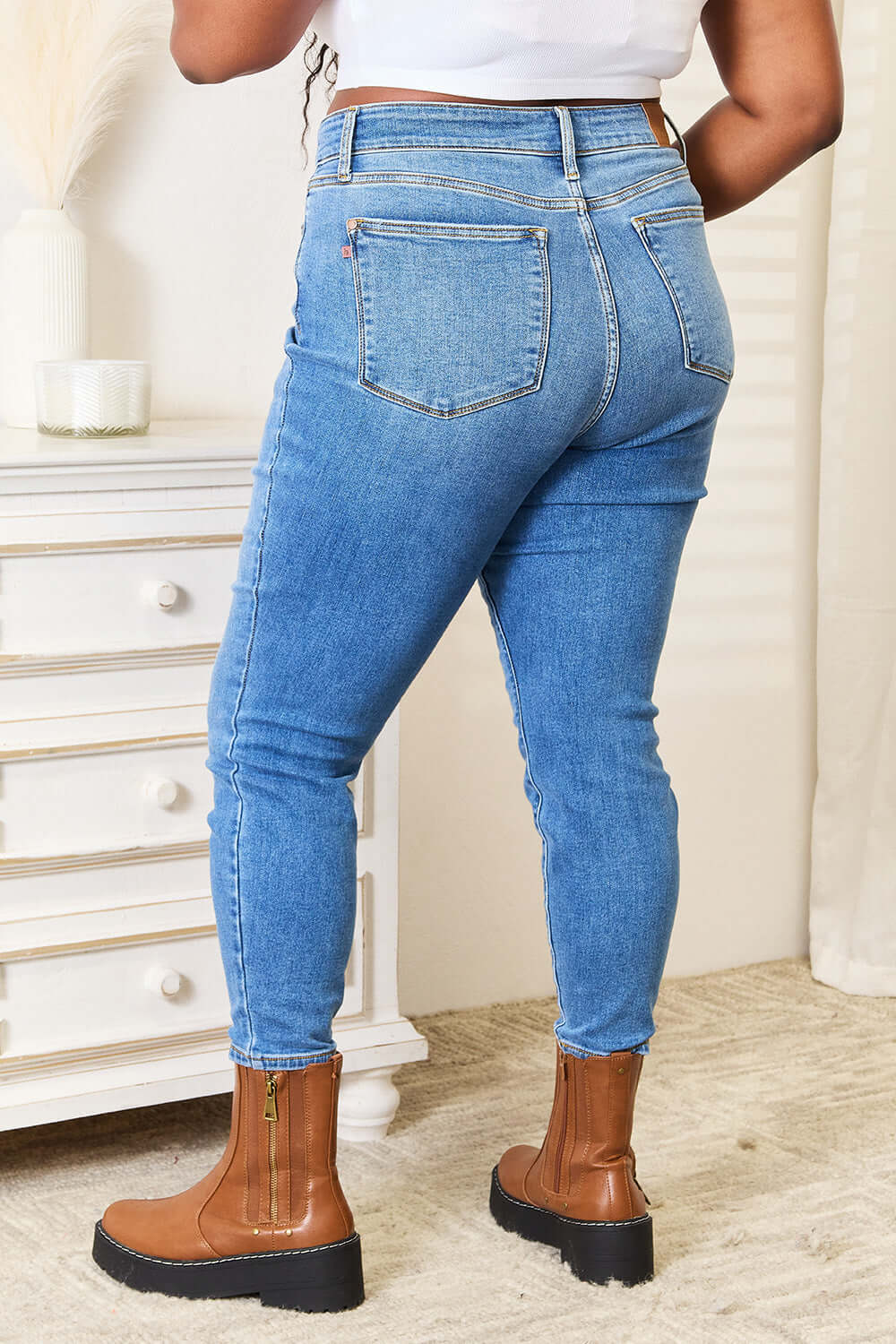 High Waist Skinny Jeans in medium ash wash, featuring a clean and polished look with no distressing. Judy Blue Jeans style #82349.