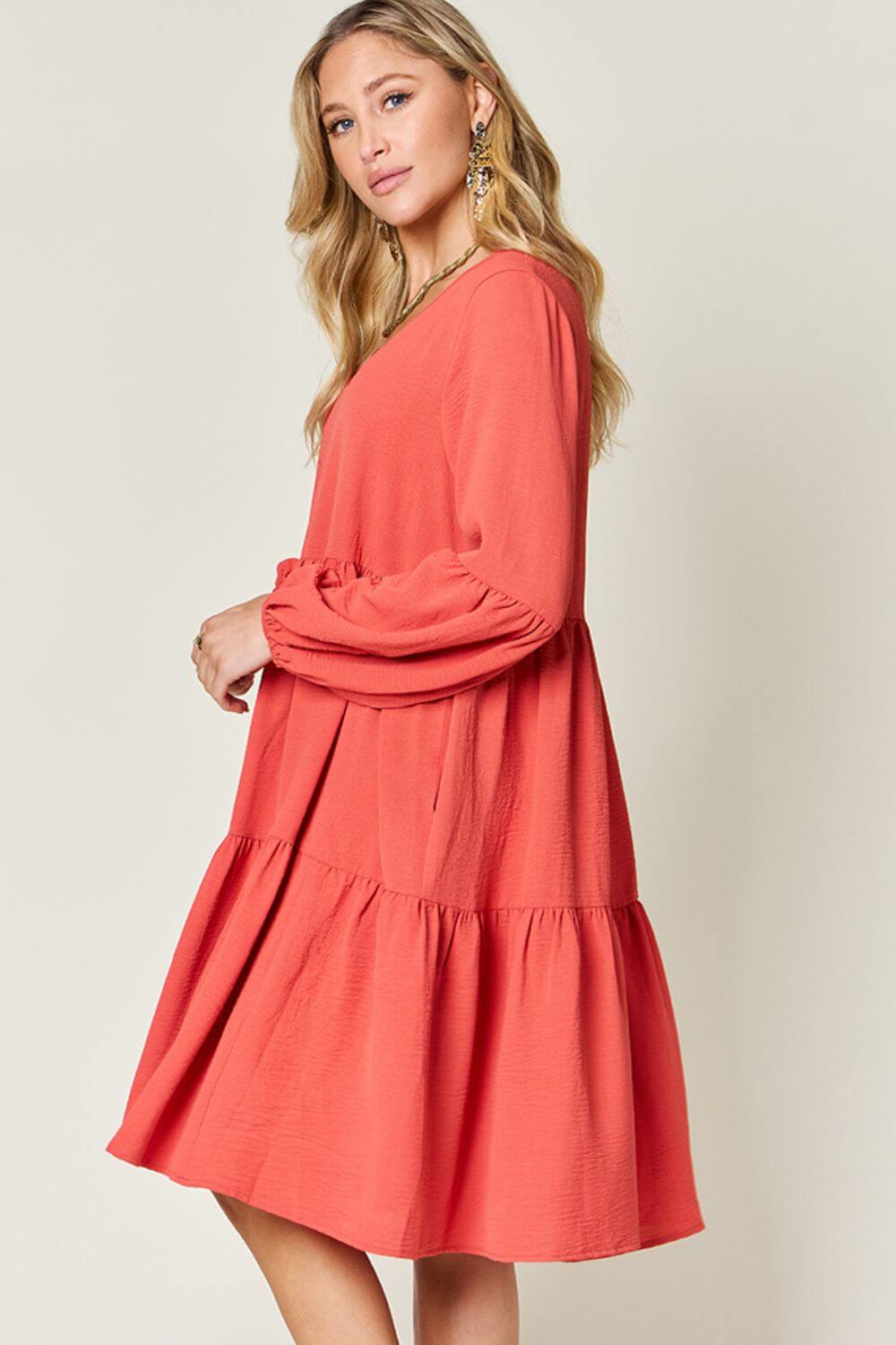 DOUBLE TAKE Full Size V-Neck Balloon Sleeve Tiered Dress at Bella Road