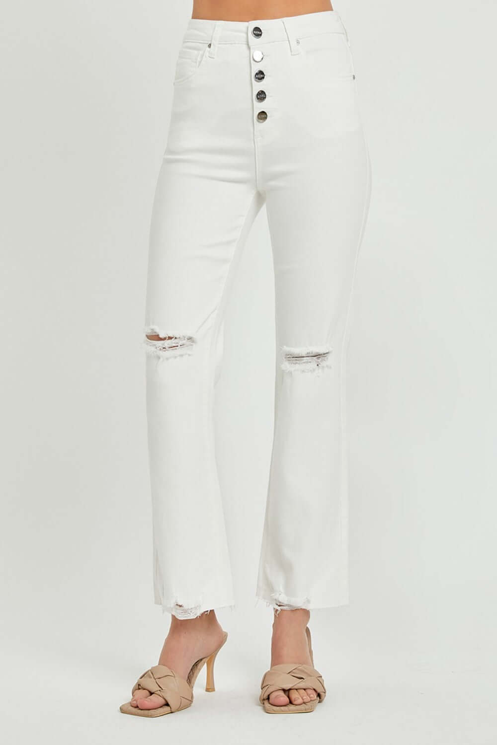 Risen Jeans High Rise Button Fly Straight Ankle Jeans in white provide a flattering silhouette and vintage charm.