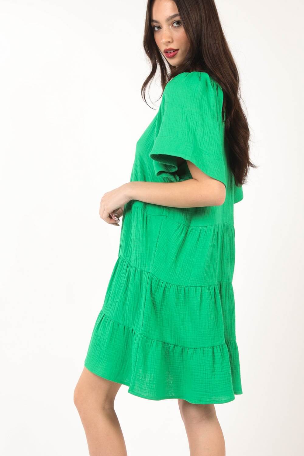 VERY J Texture V-Neck Ruffled Tiered Dress at Bella Road