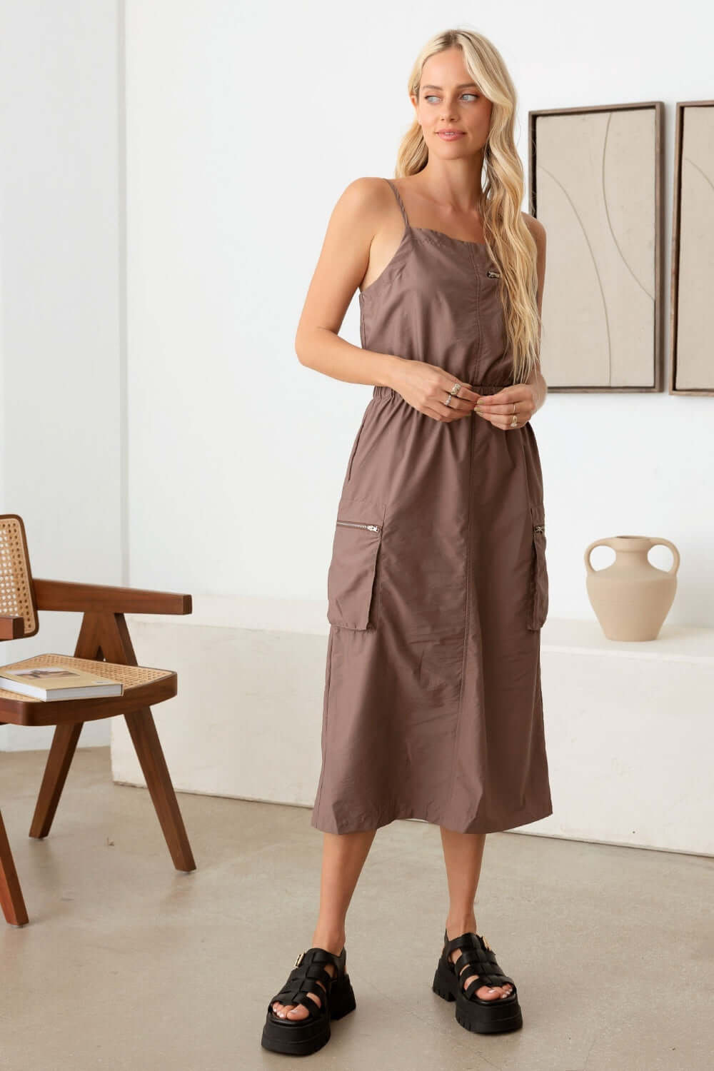 TASHA APPAREL Adjustable Strap Waist Drawstring Cargo Midi Dress at Bella Road