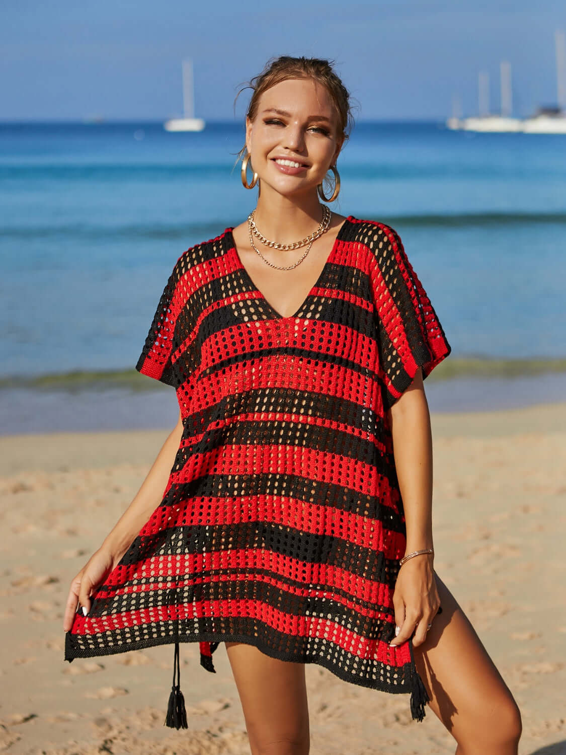 BELLA ROAD Tassel Openwork Striped V-Neck Cover Up at Bella Road