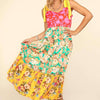 Floral Color Block Maxi Dress with Pockets - Yellow Scarlet Mint