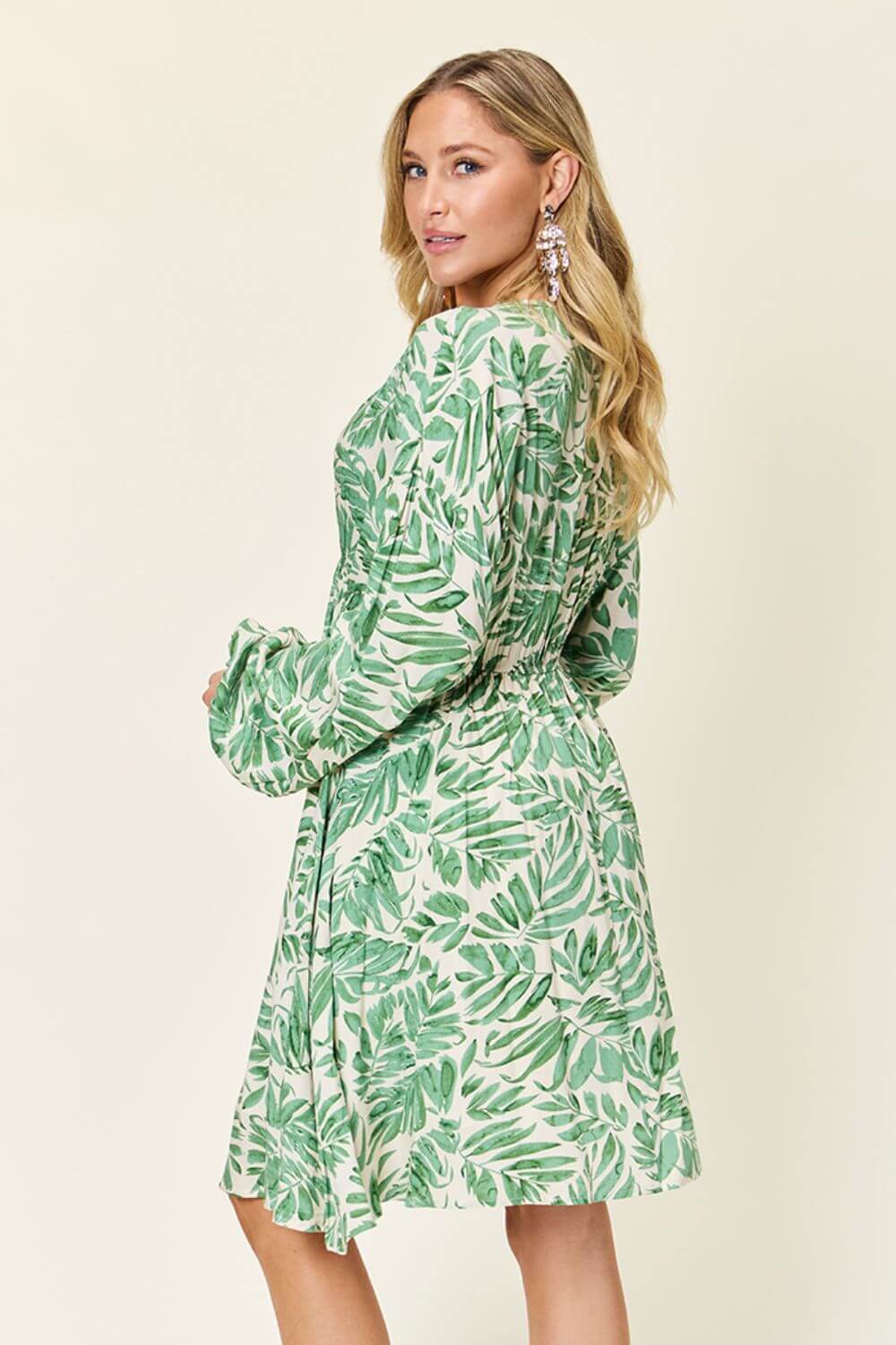 DOUBLE TAKE Full Size Printed Ruched Balloon Sleeve Dress at Bella Road