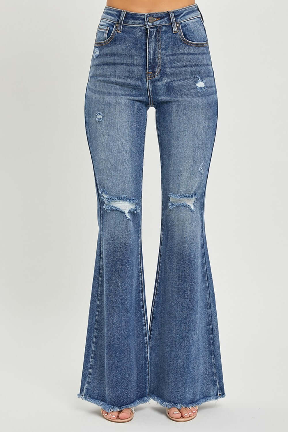 High waist distressed flare jeans with urban chic and vintage-inspired Risen Jeans design