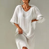 Slit V-Neck Flounce Sleeve Cover-Up - White