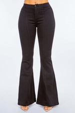 High Waist Pull-On Flare Jeans in black, featuring a flattering fit, elongating high waist design, and retro-inspired flare leg.