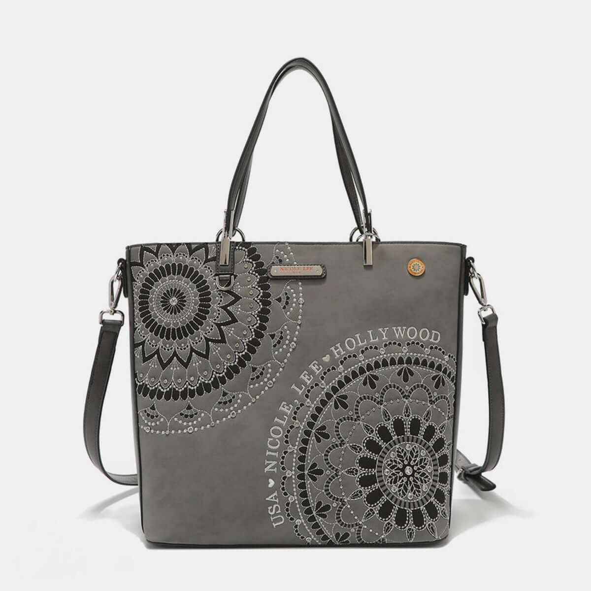 Nicole Lee USA Metallic Stitching Embroidery Inlaid Rhinestone Tote Bag in grey with dual straps and vegan leather material