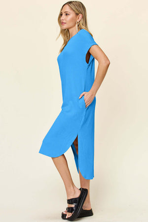 DOUBLE TAKE Full Size Round Neck Short Sleeve Slit Dress at Bella Road