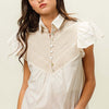 Half Button Collared Neck Short Sleeve Top - Ivory