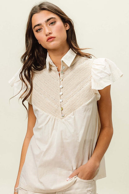 BIBI Half Button Collared Neck Short Sleeve Top at Bella Road