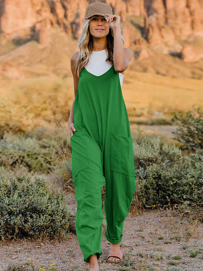 DOUBLE TAKE Full Size Sleeveless V-Neck Pocketed Jumpsuit at Bella Road