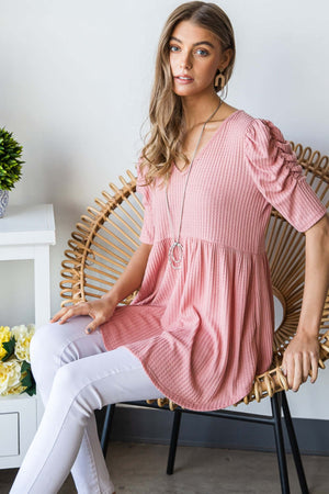 HEIMISH Full Size Waffle Knit V-Neck Babydoll Top at Bella Road