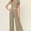 Round Neck Top and Pants Set | Full Size - Mocha