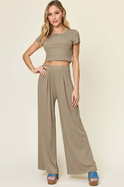 DOUBLE TAKE Full Size Round Neck Top and Pants Set at Bella Road