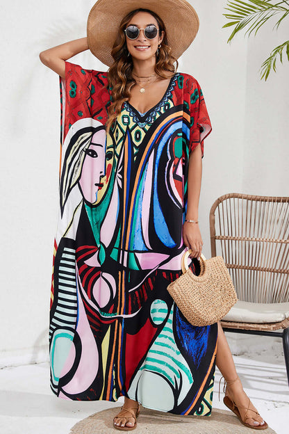 BELLA ROAD Slit Printed V-Neck Short Sleeve Cover Up at Bella Road