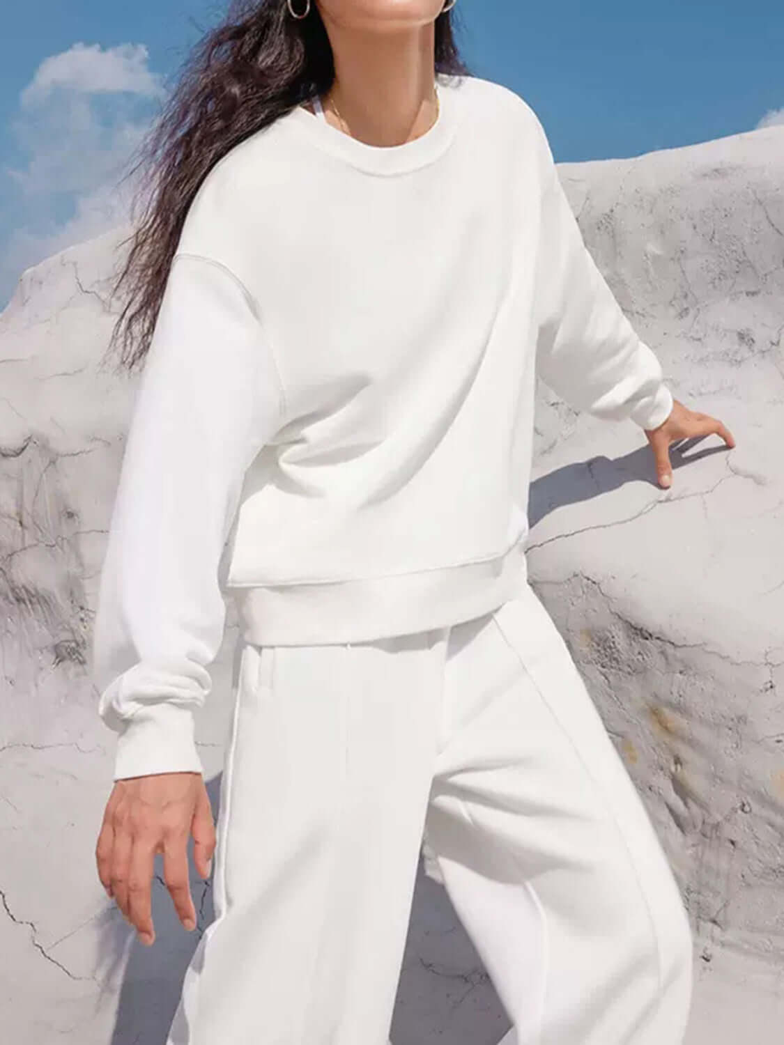 Stylish Bella Road white top and pants set with round neck and long sleeves, perfect for all-day comfort and fashion-forward style.