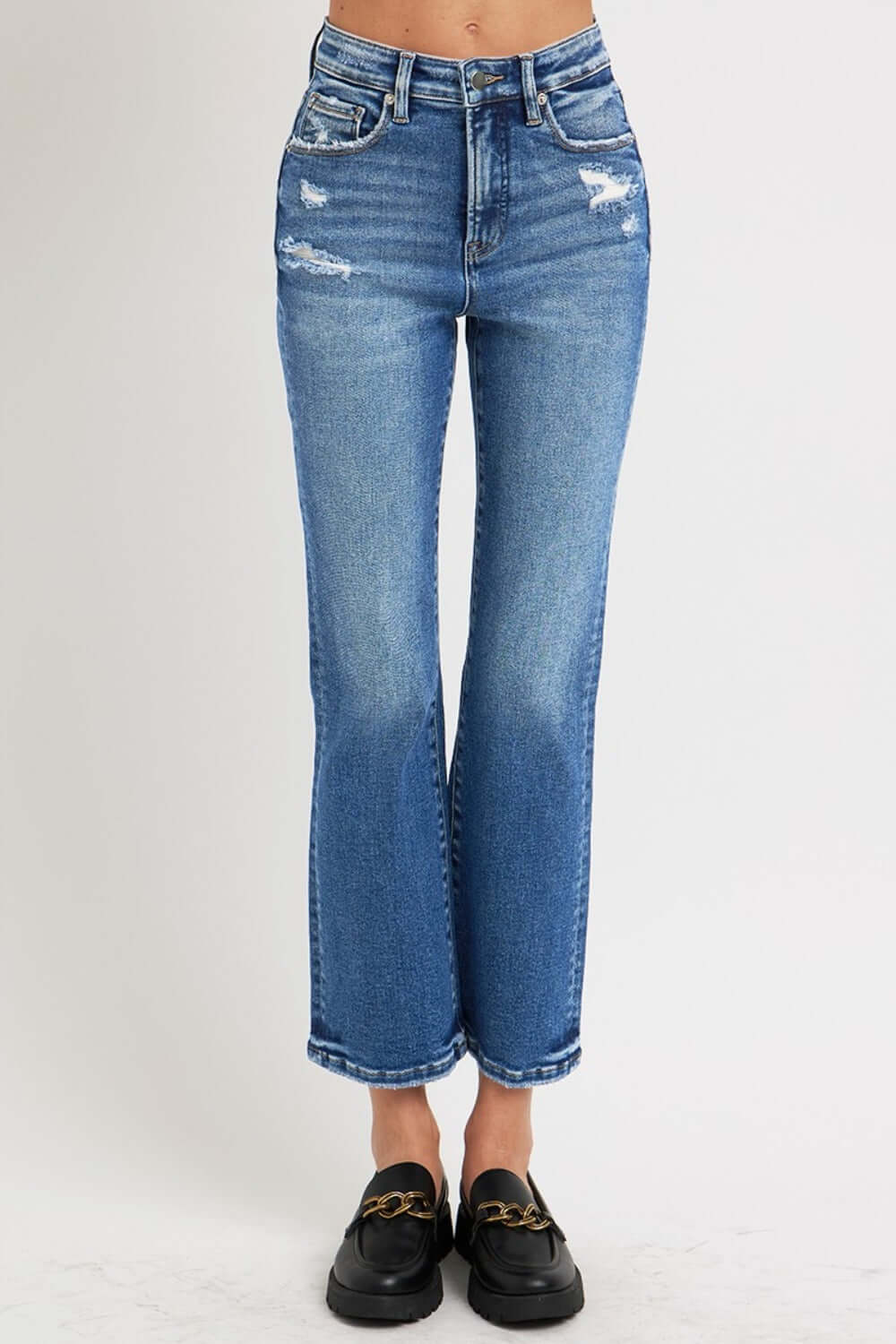 RISEN Full Size Tummy Control High Rise Crop Bootcut Jeans with Slight Stretch, Pocketed and Washed Design