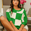 Checkered Contrast Round Neck Sweater - Jade