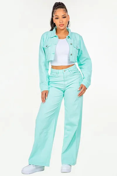 Model showcasing mint green high waist distressed wide leg jeans and matching jacket for a chic, trendy look.