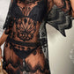 Lace round neck half sleeve cover-up in sheer black polyester with intricate floral and geometric designs.