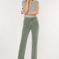 Woman modeling Kancan Ultra High Rise Straight Jeans in olive, paired with a grey top and sandals for a chic vintage-inspired look.