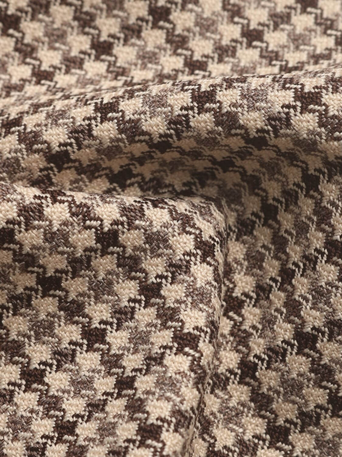 Close-up of Perfee Plaid Lapel Collar Long Sleeve Blazer fabric featuring a classic houndstooth pattern in shades of brown and beige.