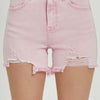 RISEN High Rise Distressed Denim Shorts - Acid Pink